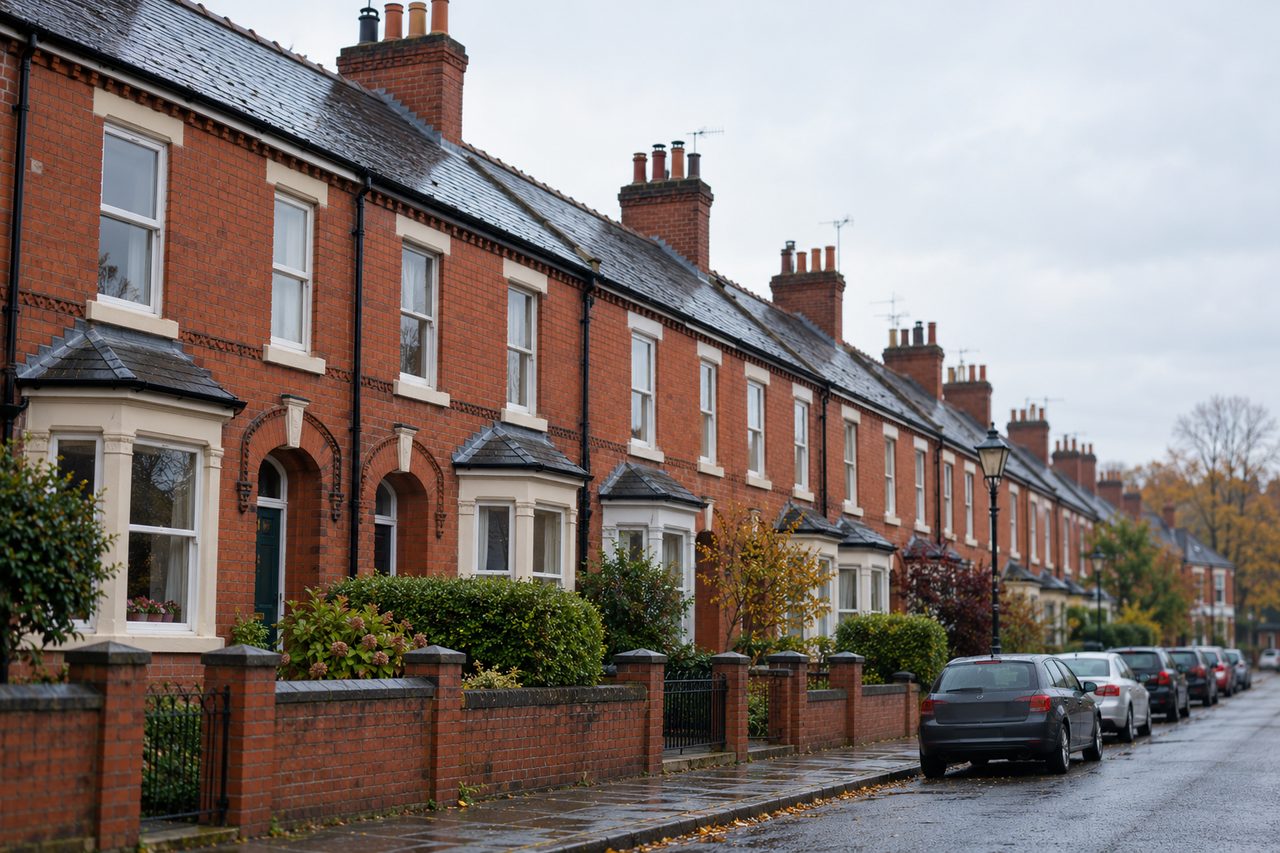 Create an image of a row of red-brick Victorian terraced houses on a quiet Greater Manchester street on a bright but overcast morning, sligh