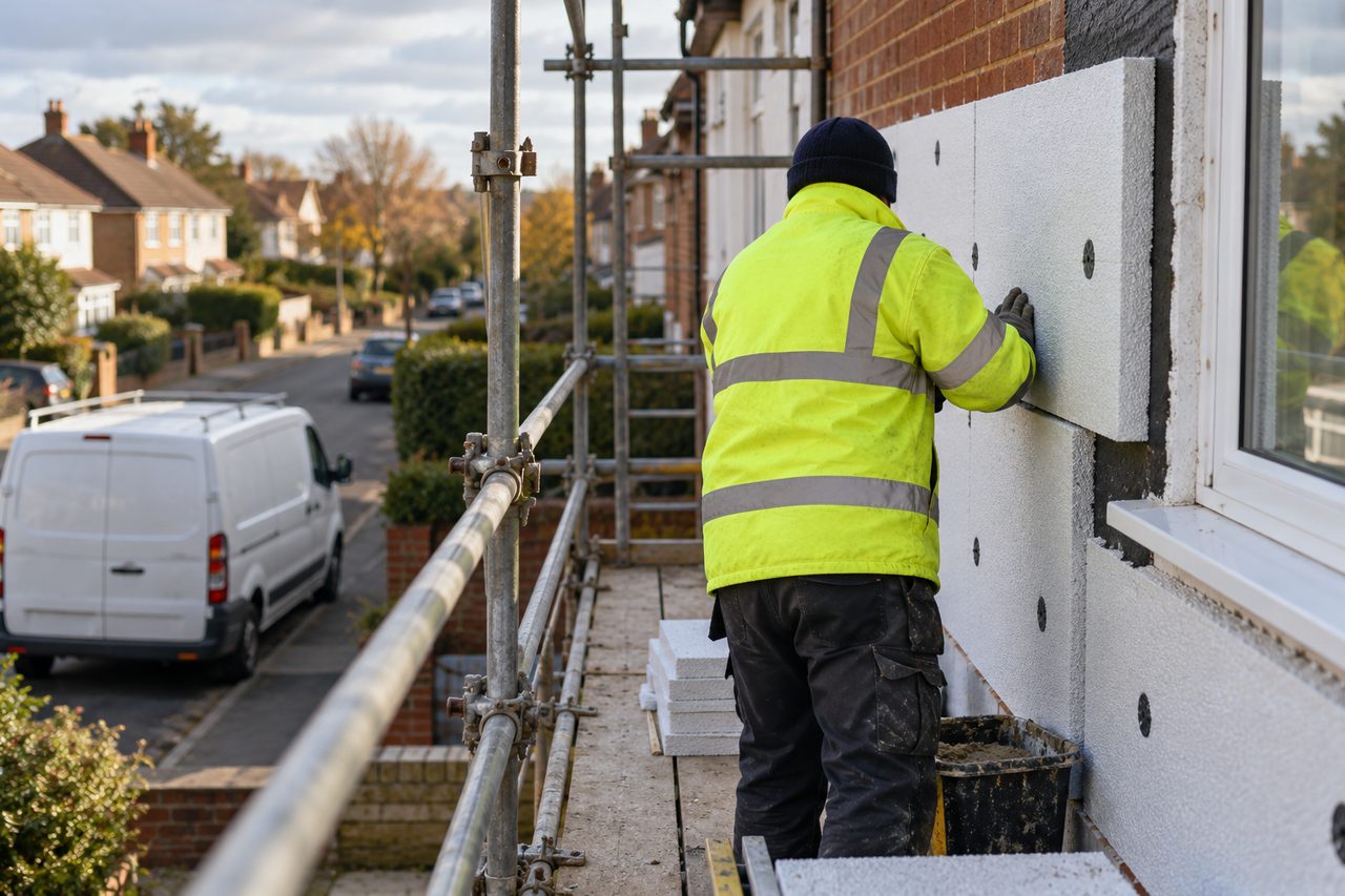 Create an image of an installer in a plain hi-vis jacket seen from behind, fitting insulation boards to the exterior of a brick house from a