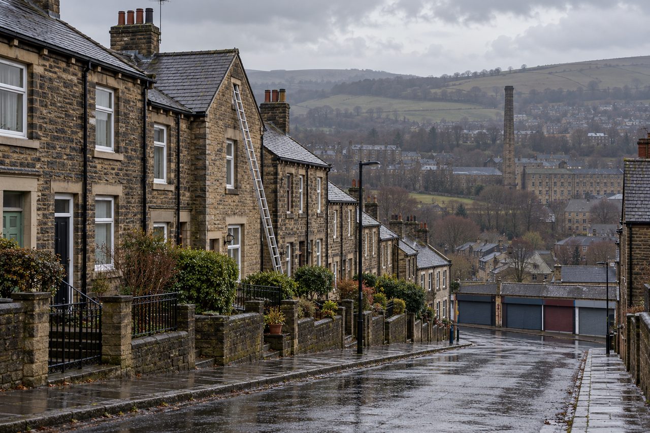 Photoreal British photograph of a hillside street of stone-fronted and brick terraced houses stepping down towards a valley, a stone mill ch