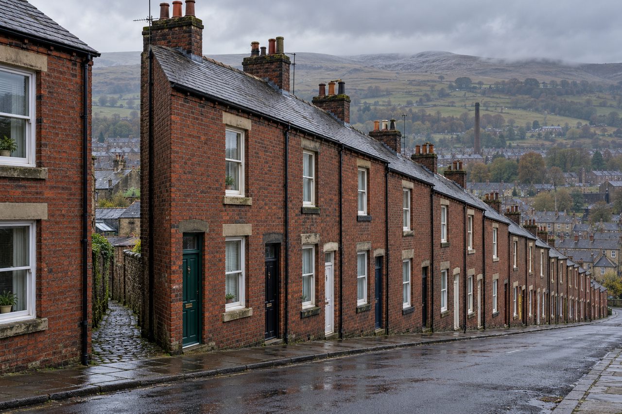 Photoreal British photograph of a long row of Victorian red-brick through terraced houses on a gently sloping Pennine-edge street in a Lanca