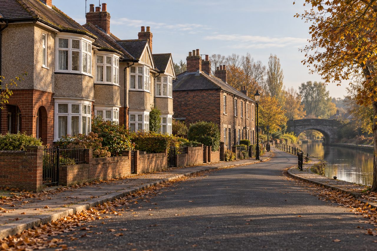 Photoreal British photograph of a suburban street of 1930s semi-detached houses with pebbledash and brick bay windows beside a short terrace