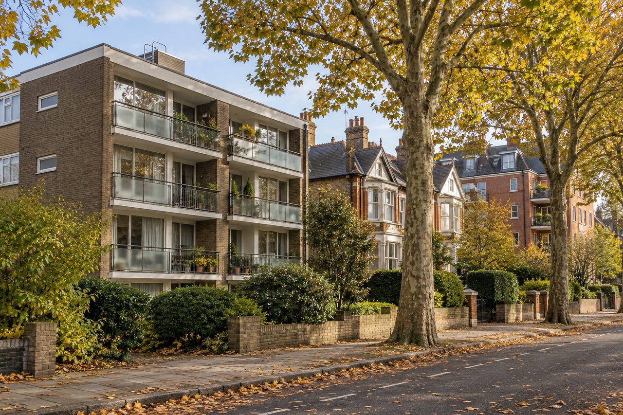 Photoreal British photograph of a 1960s low-rise purpose-built block of flats with balconies next to a leafy road of large Edwardian semi-de