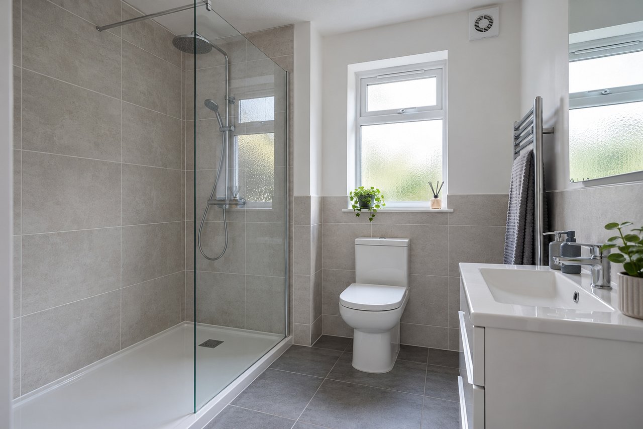A newly tiled bathroom in a British rental home, white suite, walk-in shower with a glass screen, grey floor tiles, a ceiling