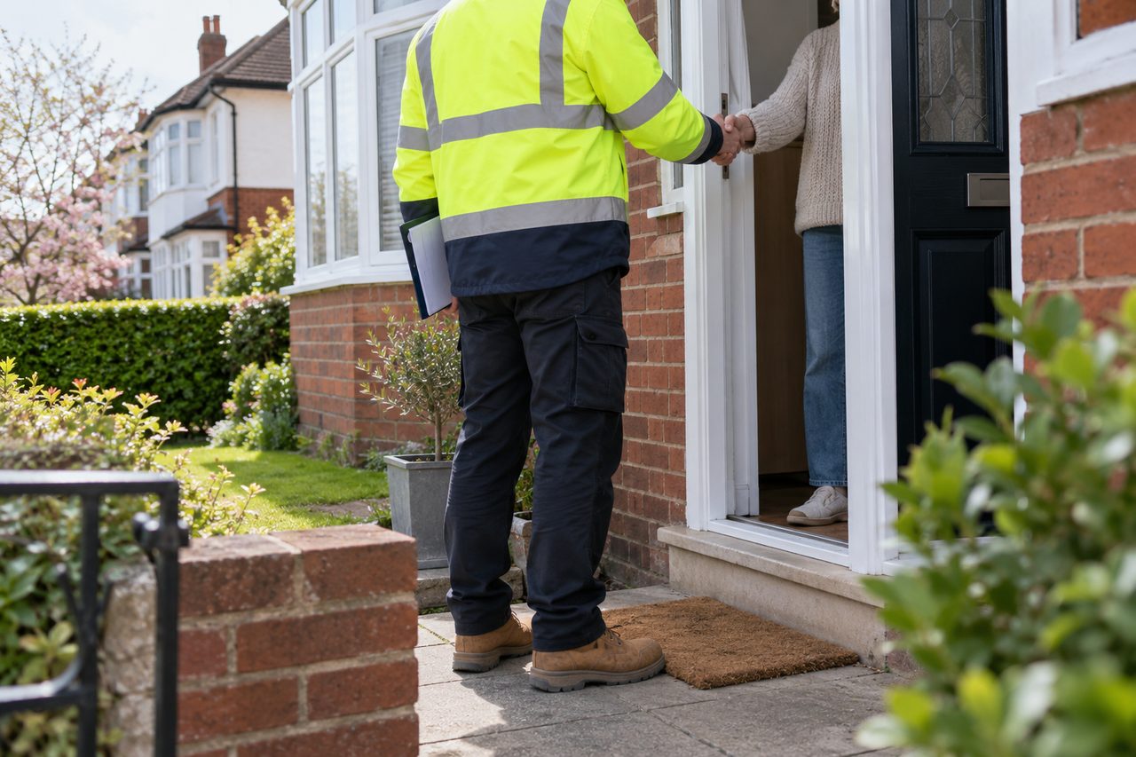 Retrofit assessor in a hi-vis jacket and safety boots at the front door of a 1930s semi-detached house shaking hands with a homeowner, shot