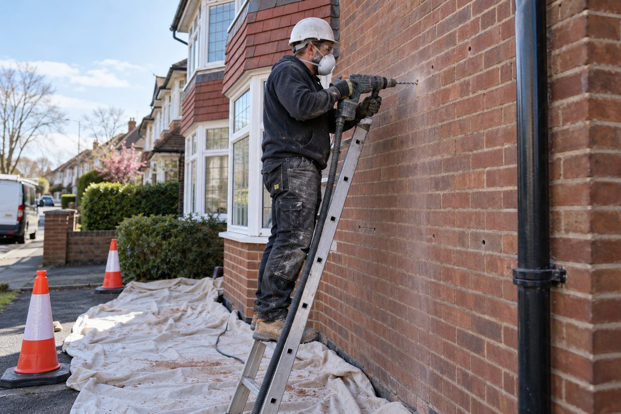 An insulation installer in a hard hat and mask drilling small holes in the brickwork of a 1930s semi-detached house, ladder against the wall