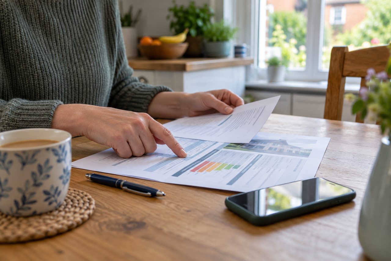 Kitchen table in a British home with a printed document, a pen, a phone and a cup of tea, a person's hands (no face) pointing at a page, day