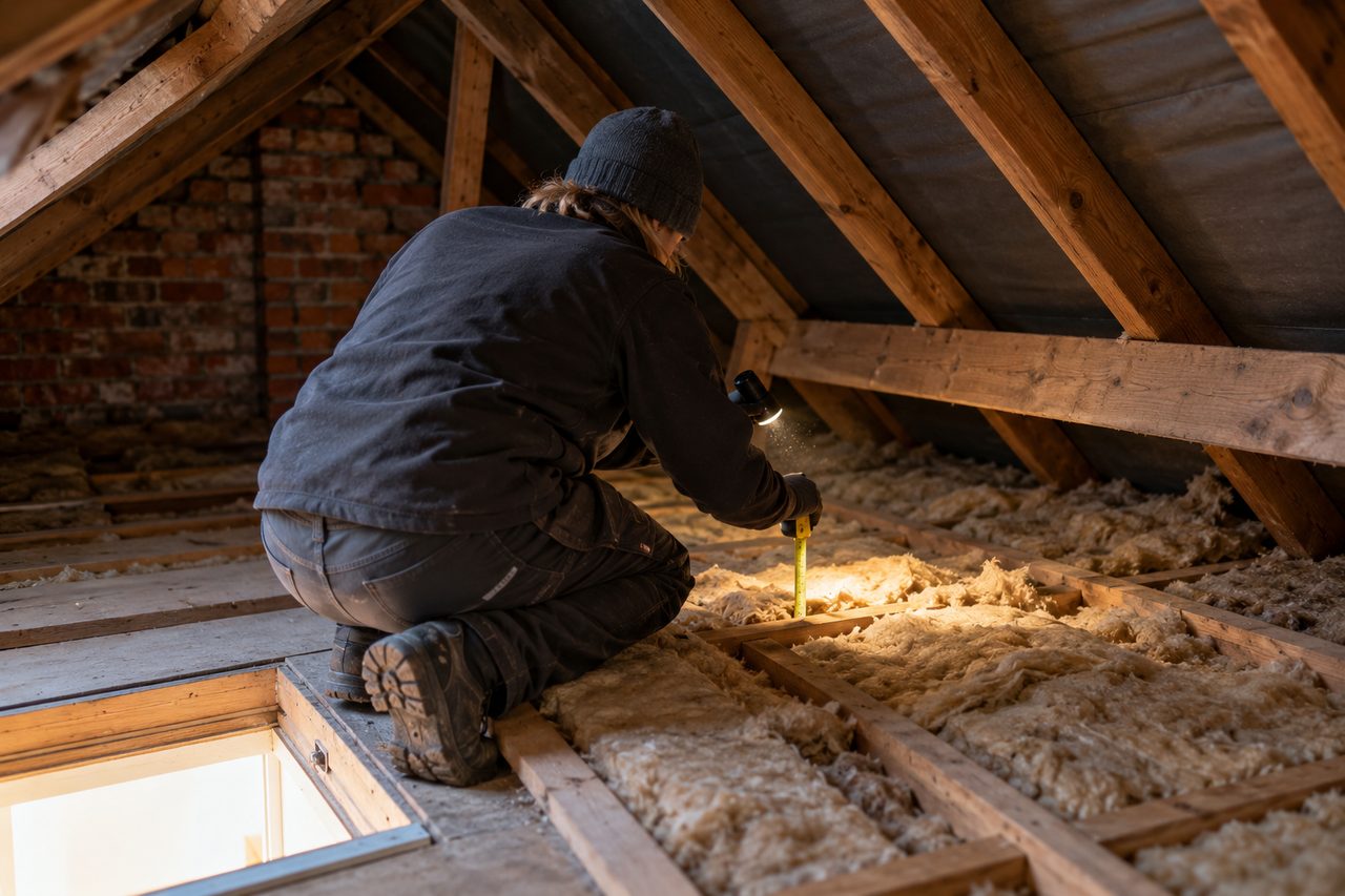 Retrofit assessor on one knee in a loft with a torch and tape measure checking the depth of existing mineral wool insulation between joists,