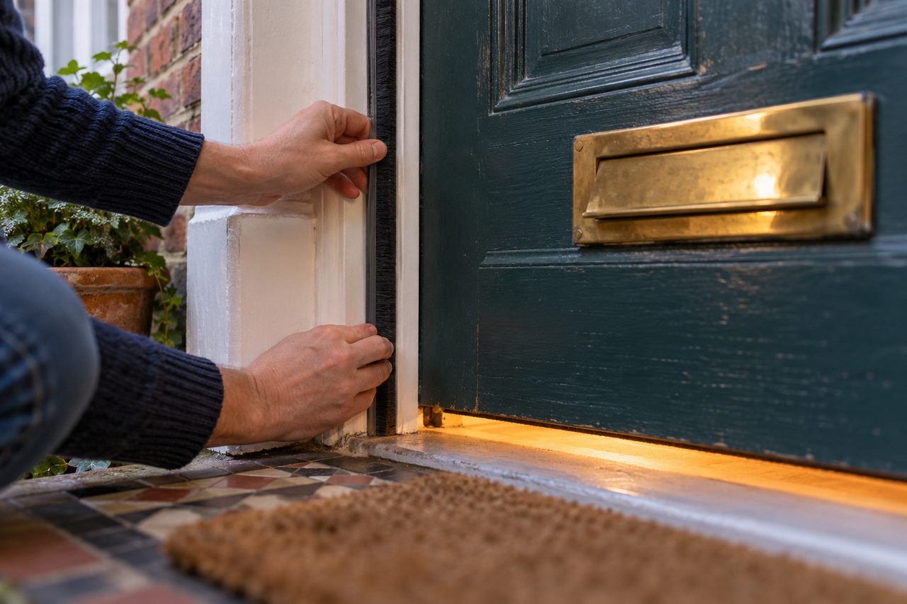 A hand pressing a brush draught strip into the frame of an old painted timber front door in a British terraced house, warm interior light sp