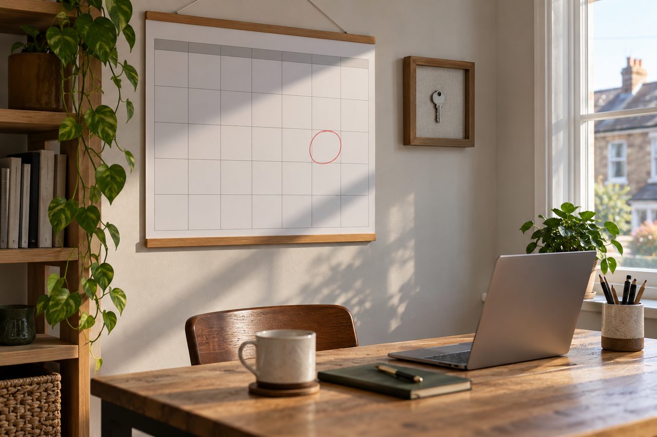 A calendar page-style wall planner on a home office wall with one date circled in red pen, next to a small framed house key, soft window lig