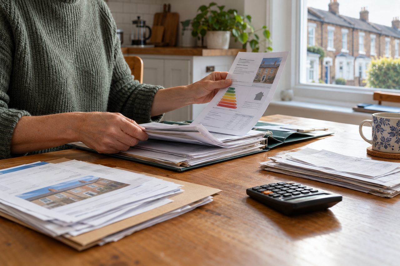 Landlord at a kitchen table sorting a folder of invoices, certificates and a printed energy certificate into labelled piles, a pocket calcul