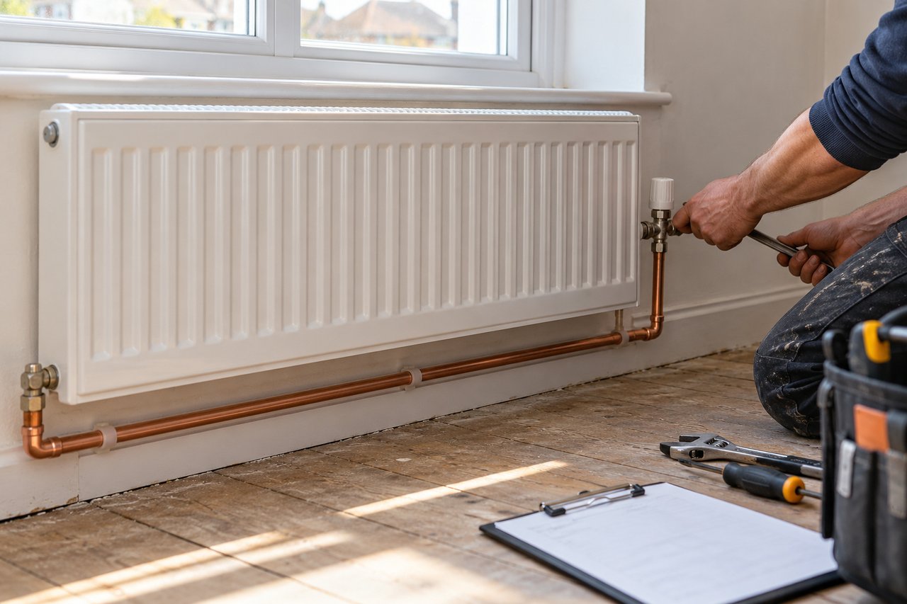 A fitter fixing a white panel radiator under a window in an empty room with bare floorboards, copper pipes beneath, a clipboa