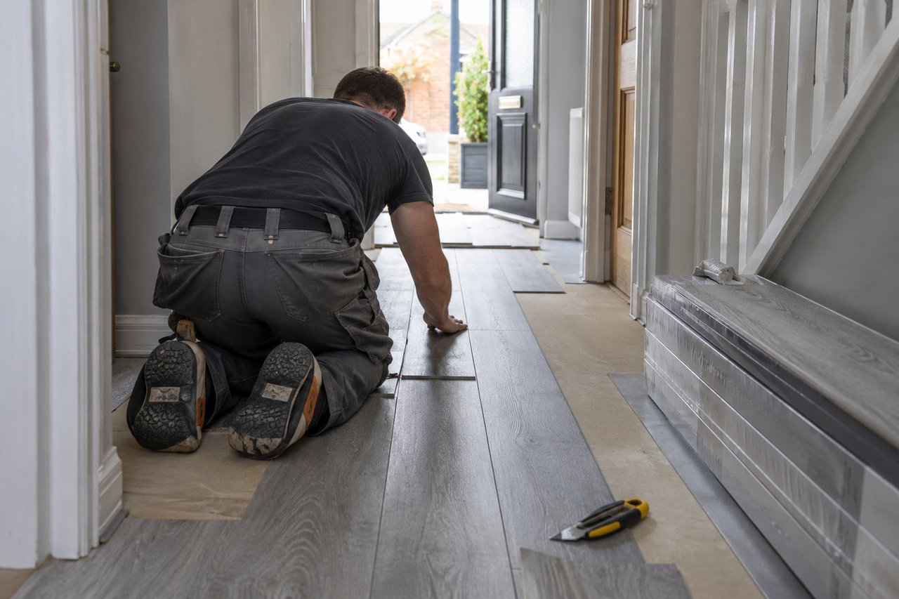 A fitter laying grey luxury vinyl planks in a rented flat hallway, kneepads, a pile of boxed planks and a utility knife nearb