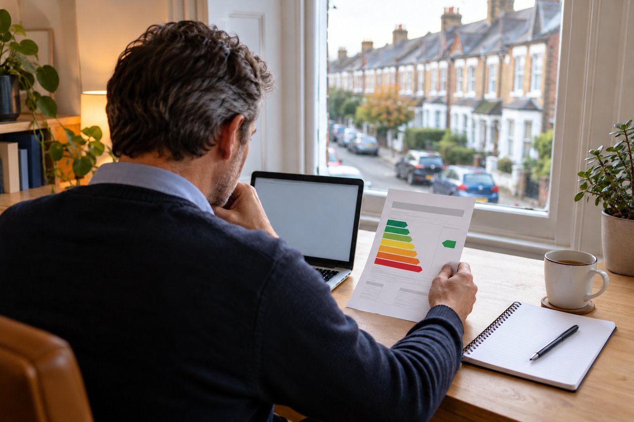 A landlord at a desk with a laptop, a printed EPC and a notepad beside a mug, a window with a terraced street outside, seen f