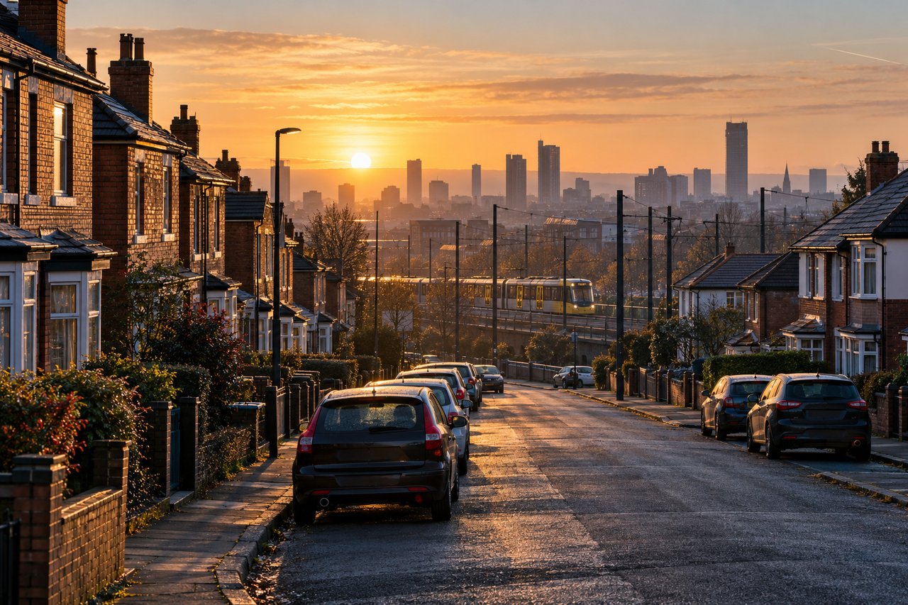 Greater Manchester suburban street of terraces and semis at dawn