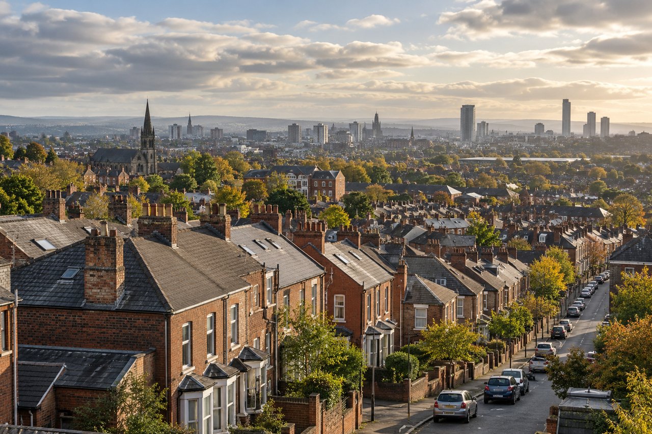 Terraced rooftops and a distant city skyline under soft cloud