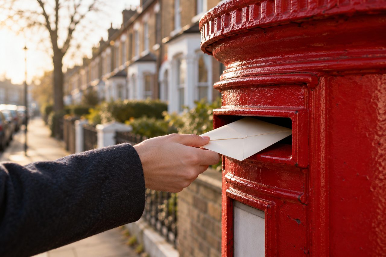 Hand placing a sealed cream envelope into a red British postbox on a residential street, terraced houses behind, soft morning light, shallow