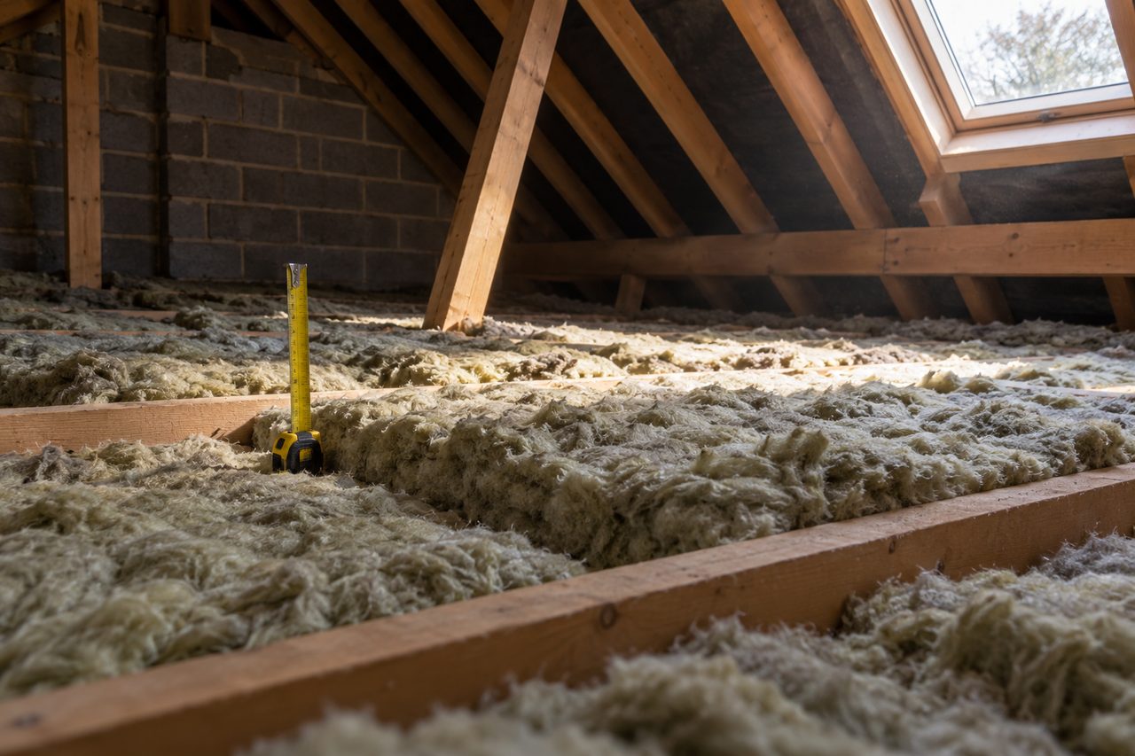 Photorealistic photograph taken inside a domestic loft in a British house, thick grey-green mineral wool insulation laid between and over ti