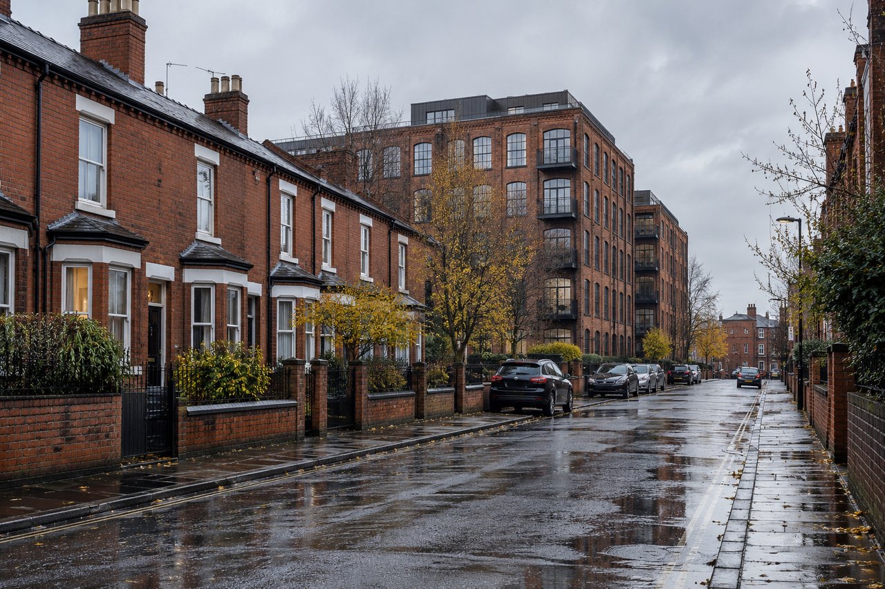A street of Victorian terraces and a converted warehouse flat building in north Manchester, grey sky, wet road