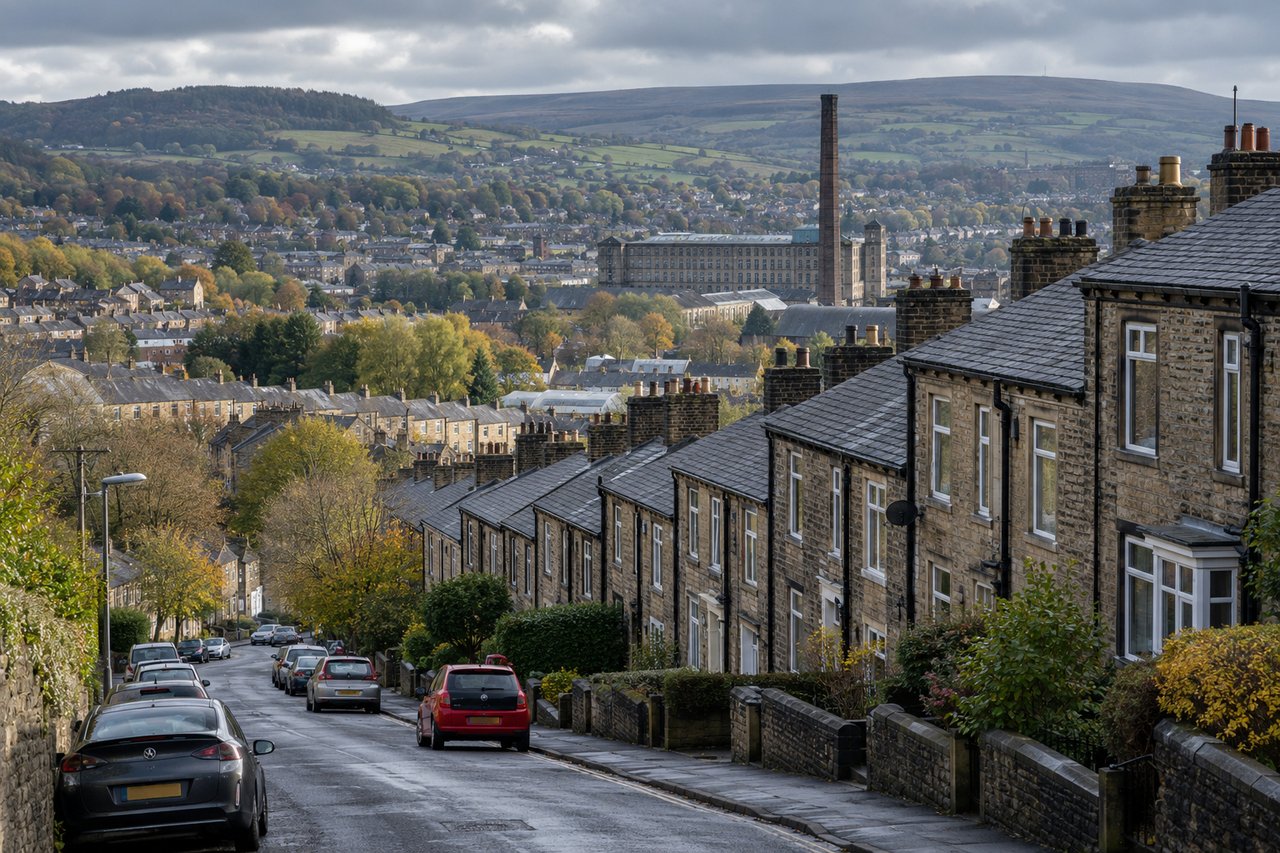 Steep terraced rows with slate roofs and a mill chimney on a hillside, cloudy light