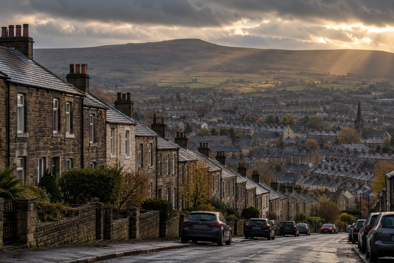 Back-to-back style stone and brick terraces climbing a hill with moorland behind, moody light