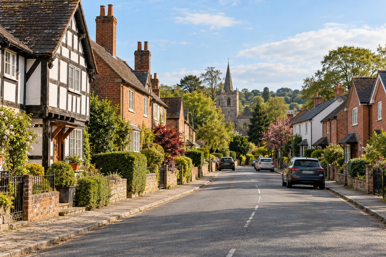 A village high street with timber-framed and brick cottages and a few new-build semis, soft sun