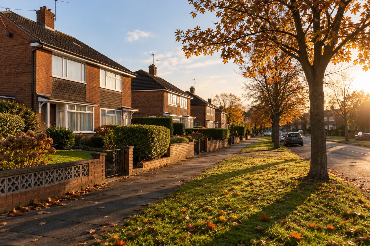 A 1960s housing estate with brick semis and green verges, low autumn sun