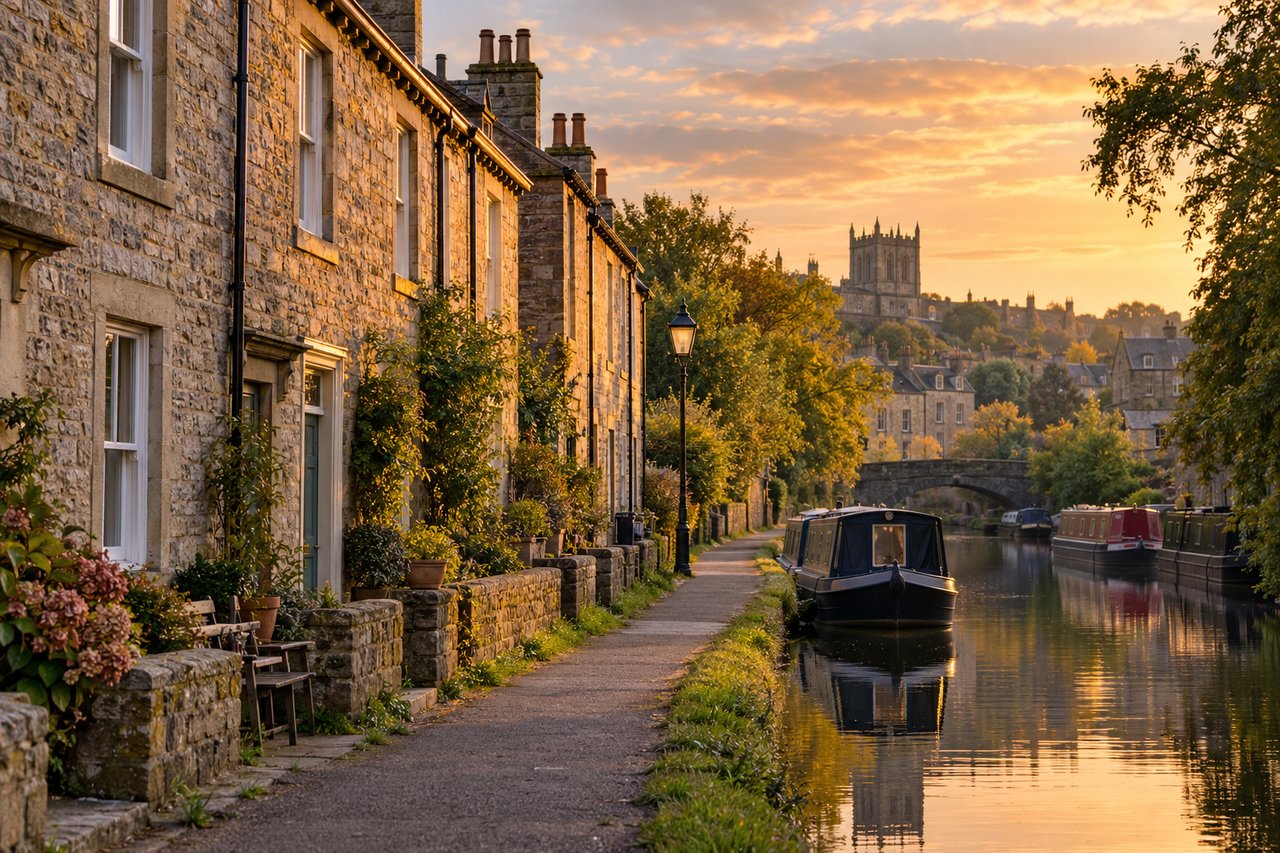 Stone-built terraced houses and a canal-side path in Lancaster, soft evening light