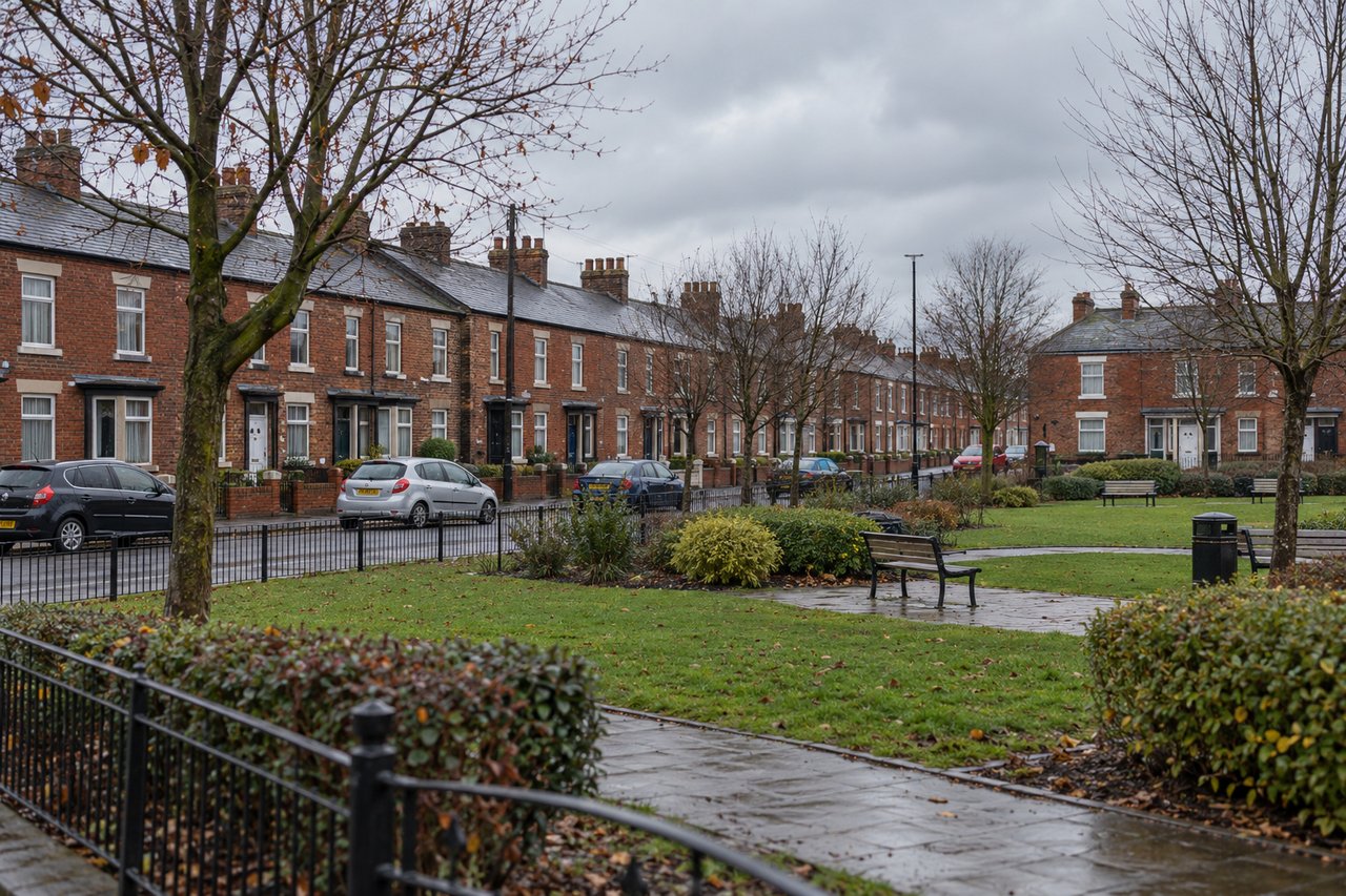 Brick terraces and a small park in St Helens, overcast northern light