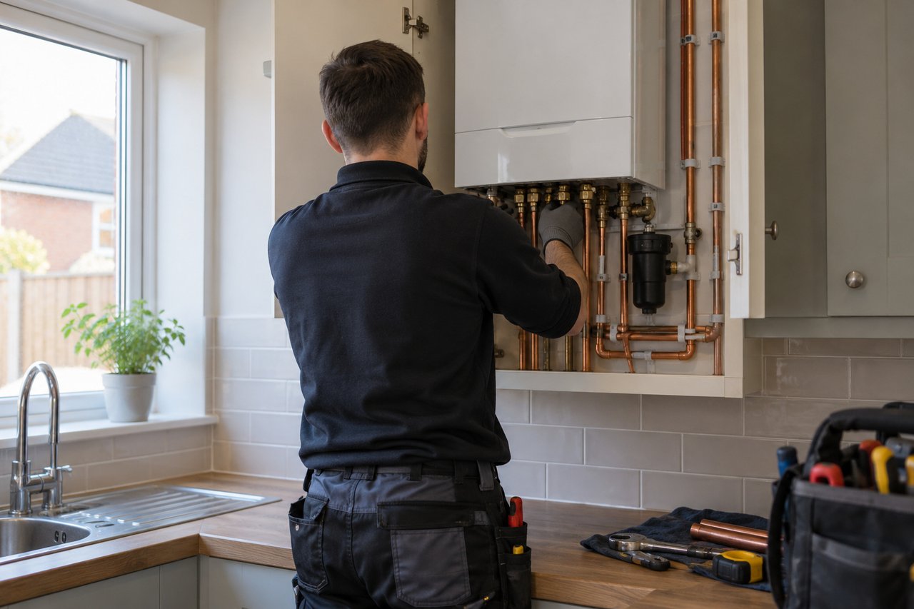 A Gas Safe engineer in work clothes fitting a wall-mounted condensing boiler in a kitchen cupboard, copper pipework neat and