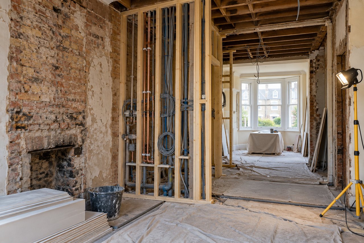A whole-house renovation in progress inside a Victorian terrace, exposed brick wall, new timber stud partition, bundled cable
