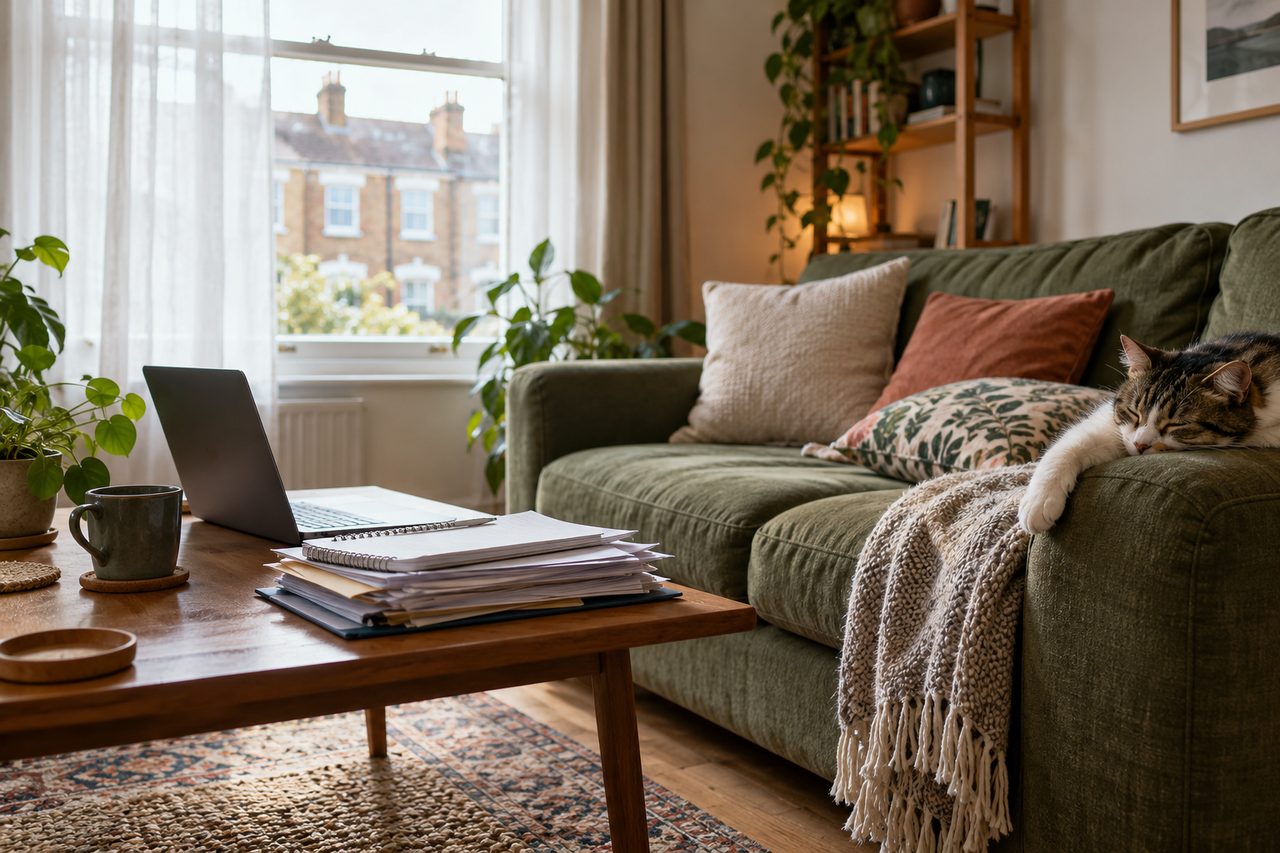 Rental flat living room with an empty sofa, a window with net curtain and a stack of tenancy paperwork and a laptop on a small table, a pet