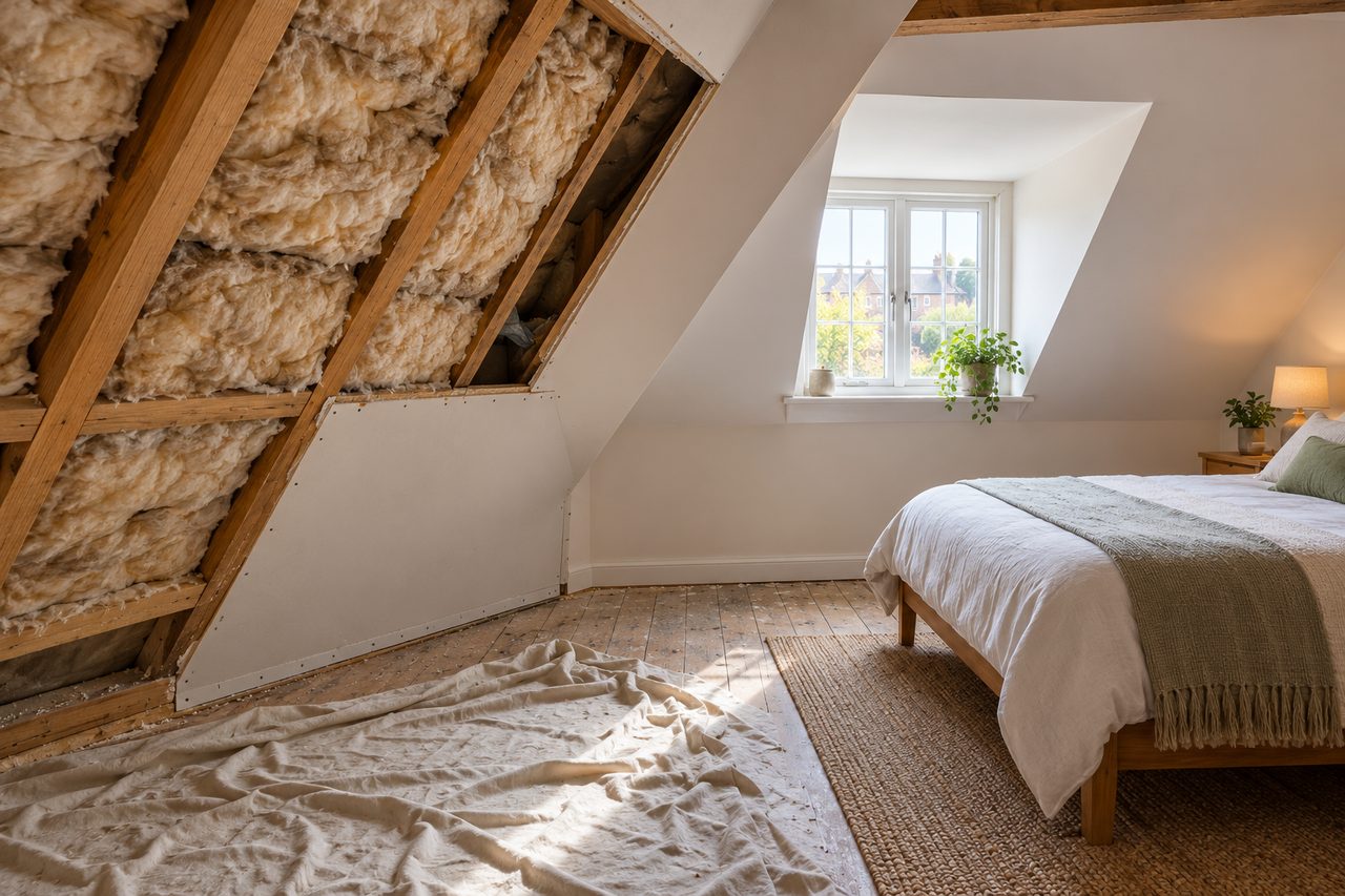 An attic bedroom in an older British house with sloping ceilings, a section of plasterboard removed to show insulation fitted between the ra