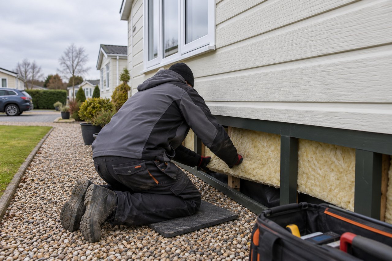 An installer fitting insulation under the skirt of a single-storey park home on a tidy site, gravel path, overcast light