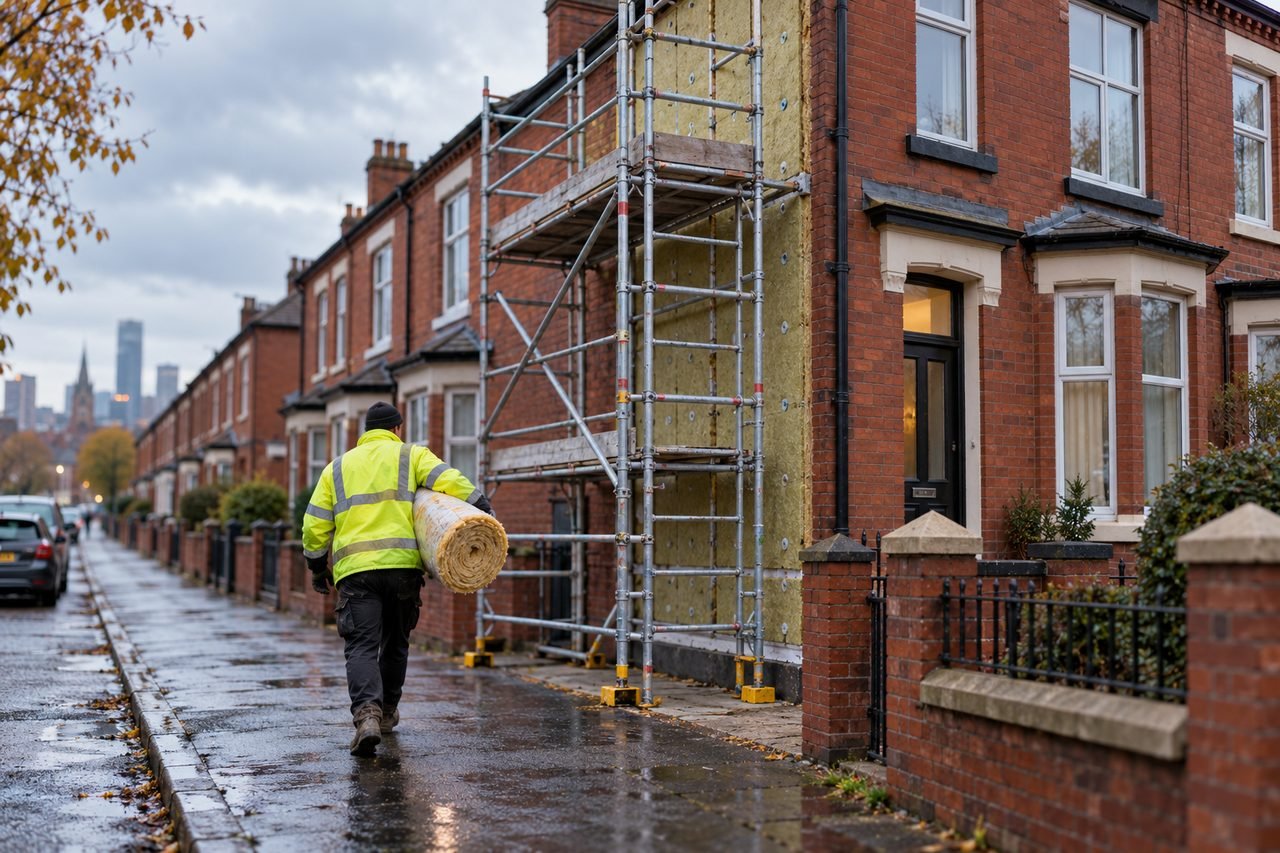 A row of Victorian red-brick terraced houses in a Greater Manchester street on an overcast morning, one house with a short scaffold tower ag
